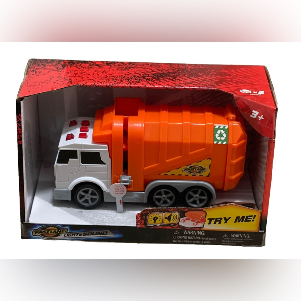FAST LANE LIGHT & SOUND Kids Garbage Truck Toy Orange Ages 3+ Trash Bin Collect